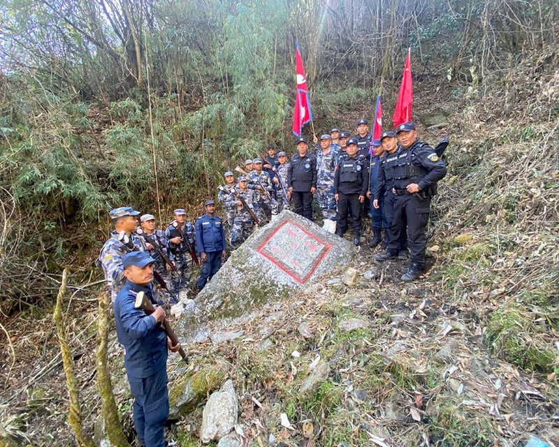 Border security units from Nepal and China take stock of border pillars at Bhotkhola