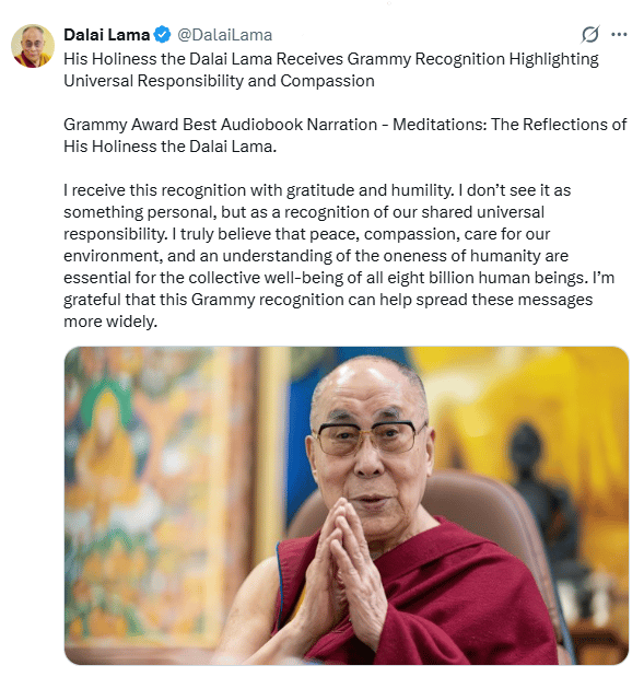 Dalai Lama wins first Grammy, draws global praise and Beijing’s protest