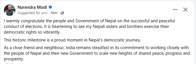 India congratulates Nepal on peaceful elections