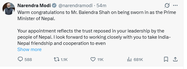 Indian PM congratulates Balen, eyes stronger Nepal–India cooperation