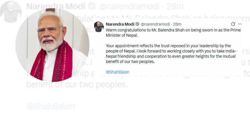 बालेनलाई बधाई दिँदै नरेन्द्र मोदीले भने : नजिकबाट सहकार्य गर्न उत्सुक छु