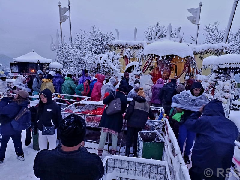 Snowfall Hits Pathibhara Temple Area in Taplejung