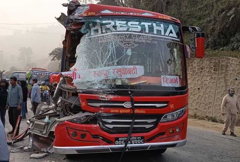 Two Passenger Buses Collide Near Mahadevbensi in Dhading, One Dead