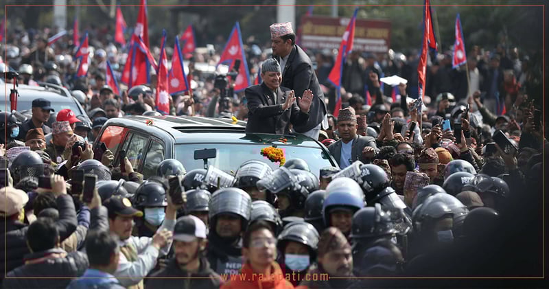 Former King Gyanendra Arrives in Kathmandu by Helicopter, Greeted by Royalists