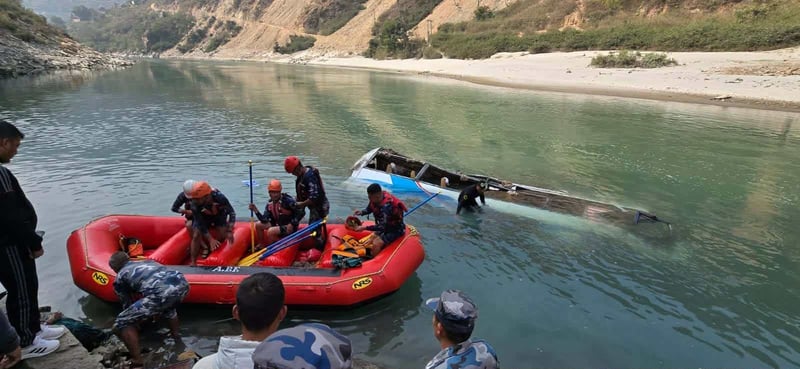Divers Deployed in Rescue Efforts After Bus Plunges into Tamakoshi River in Ramechhap