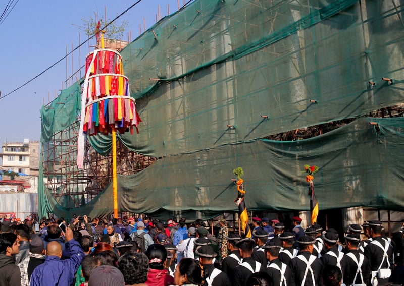 Ritualistic wooden pole with Chir erected at Basantapur, marking start of Holi festival