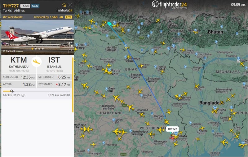 काठमाडौंबाट उडेको टर्किस एयरलाइन्सको एउटा इन्जिन फेल, कलकत्ता अवतरण हुँदै