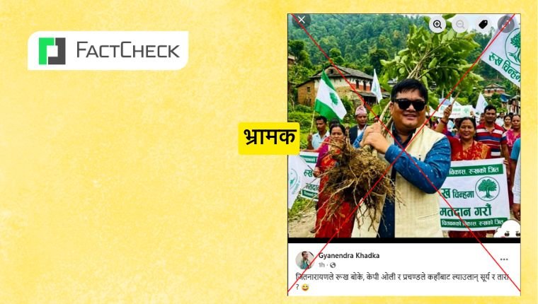 फ्याक्टचेकः जीतनारायण श्रेष्ठले प्रचारमा जरासहितको रुख बोकेको भाइरल तस्बिर वास्तविक नभई एआई सिर्जित